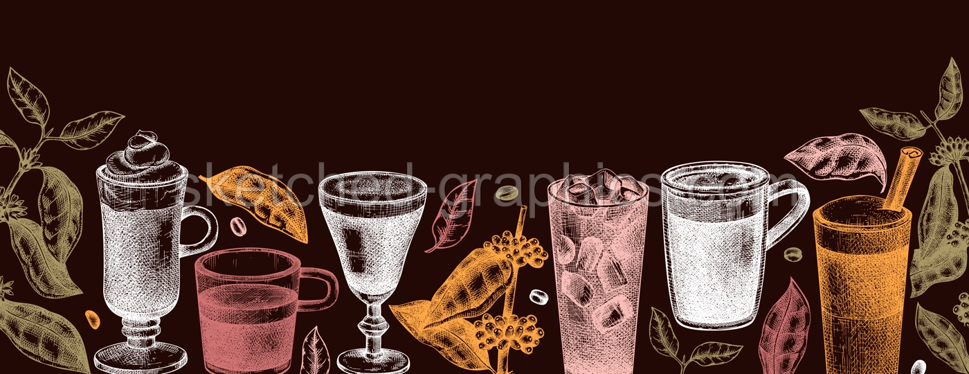 Hand-sketched coffee banner template on chalkboard. Vector sketches of mugs with aromatic caffeine drinks. With botanical coffee plants, leaves and beans in vintage style. Vector beverages design Illustration
